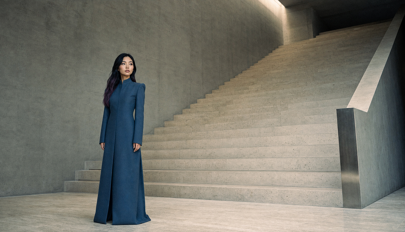 Sora Flame in a floor-length structured navy gown standing before a monumental concrete staircase in a vast minimalist architectural hall