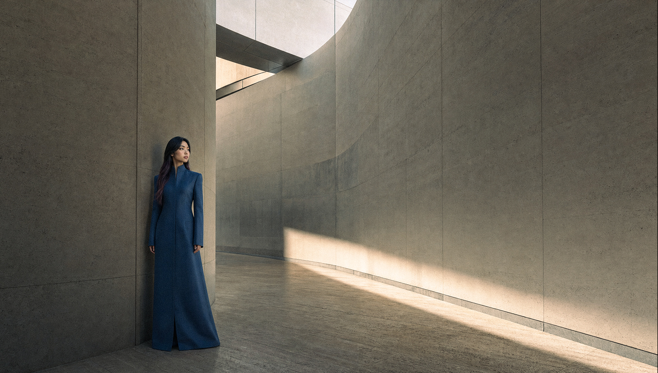 Sora Flame in a floor-length structured navy coat with purple-tipped hair, leaning against a vast curved concrete wall as light spills across a minimalist architectural corridor